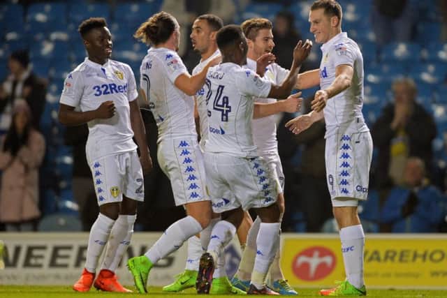 Chris Wood celebrates his opening goal with Leeds team mates.
(Picture: Bruce Rollinson)