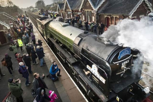 The Tornado locomotive at Appleby station before it pulls the first timetabled main line steam-hauled service for half a century through North Yorkshire.