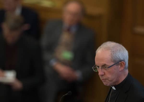 The Archbishop of Canterbury, Justin Welby, addresses the General Synod at Church House in London.