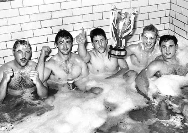 WORLD-BEATERS: Wigans Brian Case, Joe Lydon, Richard Russell, Steve Hampson and Andy Goodway after 1987 World Club Challenge win over Manly. (Picture: Frank Orrell)