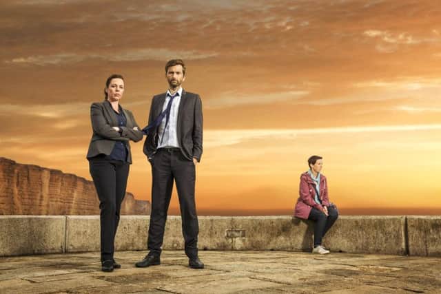 Julie Hesmondhalgh (right) with David Tennant and Olivia Colman in Broadchurch