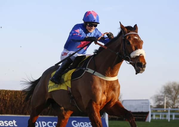 Jockey Paddy Brennan and Cue Card pull away from the last before going on to win the Betfair Ascot Chase (Picture: Julian Herbert/PA).