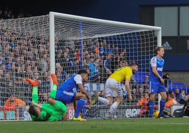 Leeds Uniteds Stuart Dallas wheels away after scoring the equaliser at Ipswich Town on Saturday (Picture: James Hardisty).