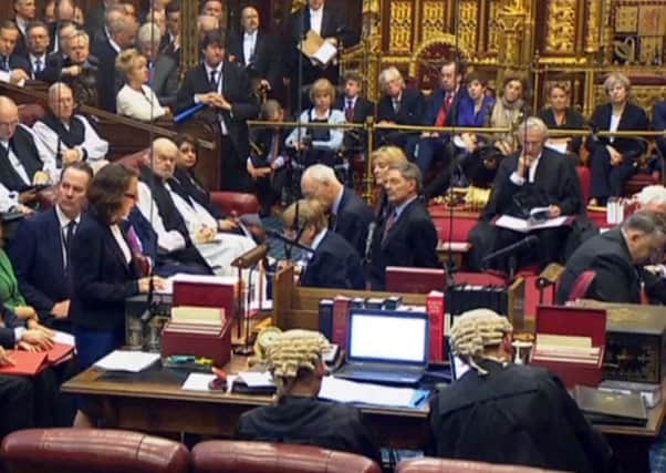 Prime Minister Theresa May sits behind the speaker (far right) as Baroness Williams of Trafford speaks in the House of Lords, London, during a debate on the Brexit Bill.