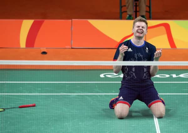 Great Britain's Marcus Ellis reacts following victory over China's Chai Biao and Hong Wei during the men's doubles bronze medal match on the thirteenth day of the Rio Olympics Games, Brazil. PRESS ASSOCIATION Photo. Picture date: Thursday August 18, 2016. Photo credit should read: Owen Humphreys/PA Wire. EDITORIAL USE ONLY