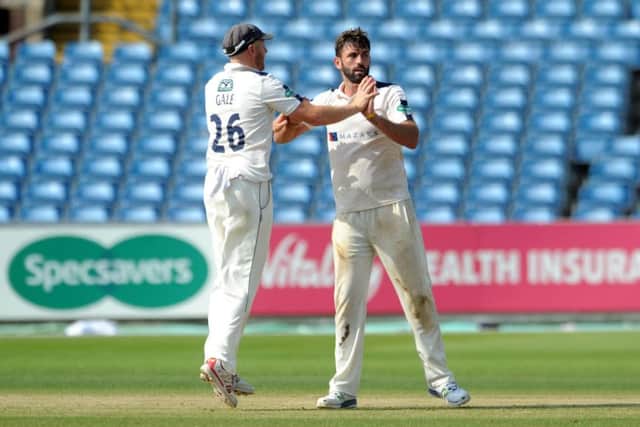 Yorkshire's Andrew Gale celebrates a wicket with Liam Plunkett. 
Picture: Jonathan Gawthorpe.