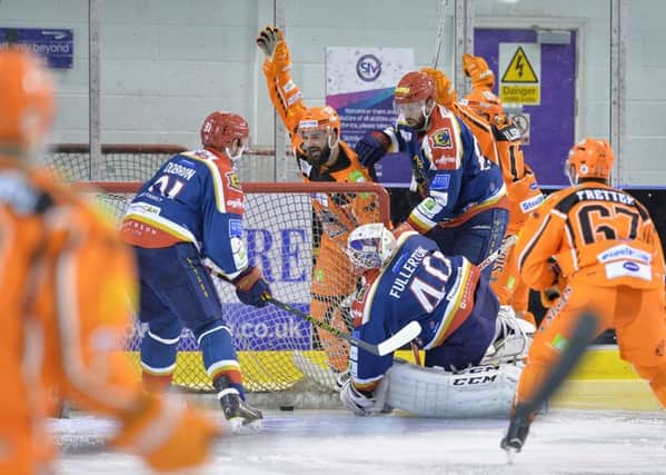Mathieu Roy celebrates Markus Milsson's second of the night against Edinburgh. Picture: Dean Woolley.