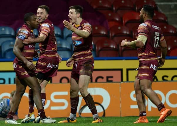 Jermaine McGillvary celebrates scoring the Giants' 5th try. Picture Bruce Rollinson
