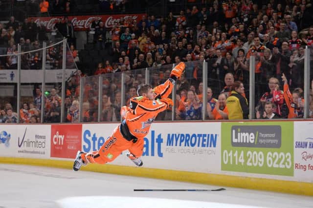 Sheffield Steelers' captain, Jonathan Phillips, celebrates with a dab in front of the home crowd after being given the man of the match award. Pictures: Dean Woolley.