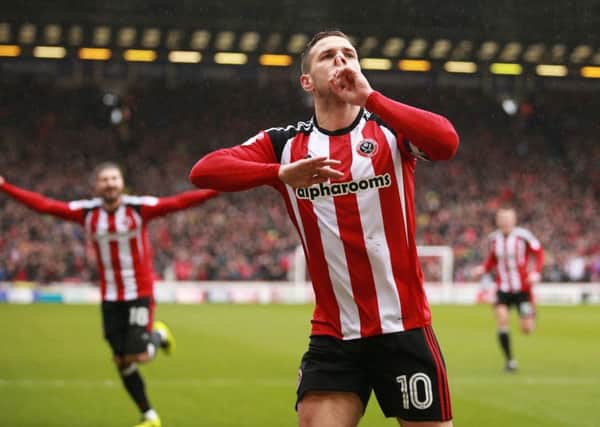 Sheffield United captain Billy Sharp celebrates his first goal against Bolton Wanderers at Bramall Lane (Picture: Simon Bellis/Sportimage).