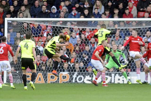 Huddersfield Town's Michael Hefele opens the scoring against Barnsley (Picture: Simon Hulme).