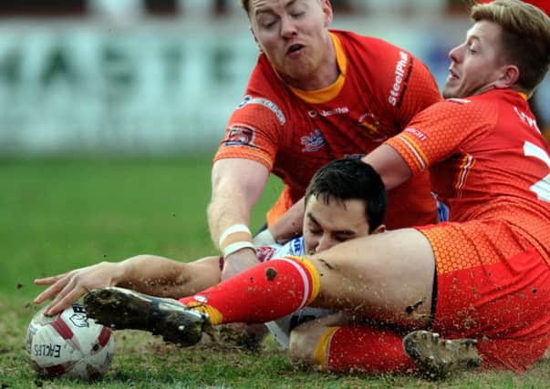 Batley's Tom Holmes goes over to score against Sheffield. Picture Jonathan Gawthorpe