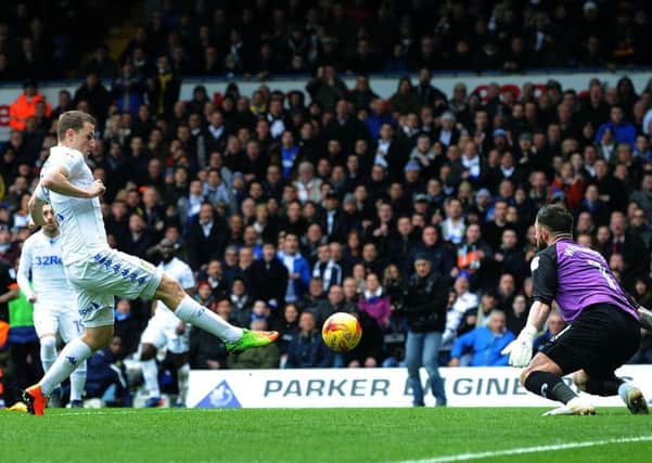 Leeds United's Chris Wood scores the winning goal. 
Picture: Jonathan Gawthorpe