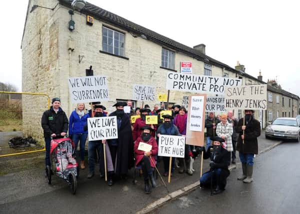 Campaigners stage a protest against the proposed demolition of the Henry Jenkins pub, Kirkby Malzeard, near Ripon..25th February 2017 ..Picture by Simon Hulme