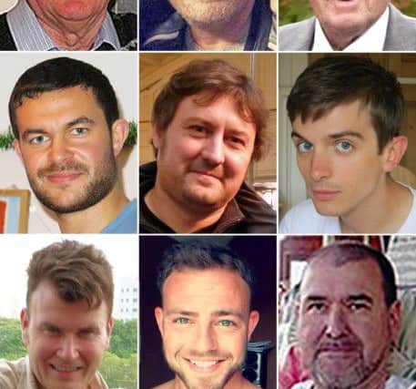 Nine of the Shoreham air crash victims (top row left to right) Graham Mallinson, Mark Trussler and Maurice Abrahams, (middle row left to right) Matthew Grimstone, Dylan Archer and Richard Smith, (bottom row left to right) Tony Brightwell, Matt Jones and Mark Reeves.