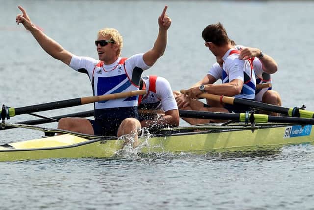 Great Britain's Men's Four of (left to right) Andrew Triggs Hodge, Tom James, Pete Reed and Alex Gregory celebrate winning gold in the final  at Eton Dorney Rowing Lake, Windsor. (Picture: PA)