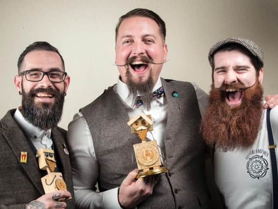 Beautiful beards: (Left to right) Second placed Carl Coates, winner Ben Waddington and third placed Shane Hazelgrave during the Yorkshire Beard Day 2017 at the Scarborough Spa.