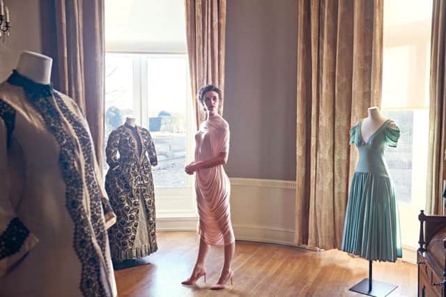 Model Rosie Nelson at Lotherton hall with some key pieces from the exhibition (art direction: The Archipelago; photography: Ash Zombola; styling: Nina Beresford; hair & makeup: Kay Spaven; dress loan: Cunnington & Sanderson.)