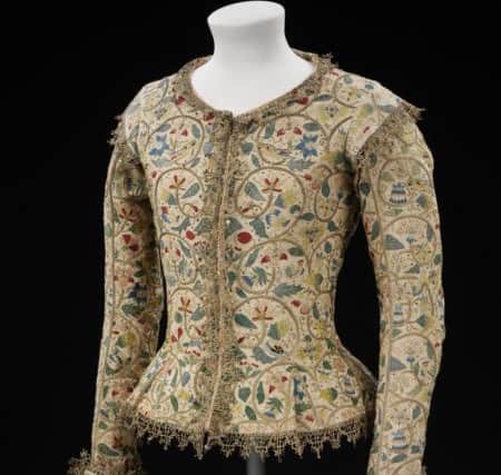 Margaret Layton`s jacket is in linen embroidered with silver and silver-gilt thread, coloured silks, sequins, bobbin lace and spangles or sequins;  English;  c.1610, altered c.1620. Picture: Victoria and Albert Museum.
