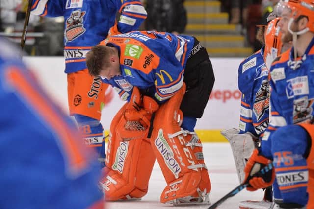 Ervins Mustukovs, the Sheffield Steelers goalie, after defeat to Cardiff on Sunday  (Picture: Dean Woolley)