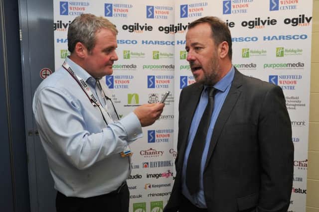 Sheffield Steelers' match-night announcer David Simms, left, conducting a post-match interview with the club's head coach, Paul Thompson, earlier this season. Picture: Dean Woolley.
