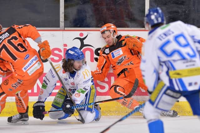 TOUGH NIGHT: Sheffield Steelers' Ben O'Connor takes a tumble during the hosts 4-1 defeat to Coventry Blaze on Saturday. Picture: Dean Woolley.