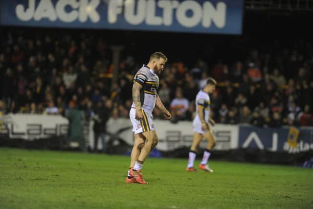 Leeds Rhinos' Adam Cuthbertson shows his dejection at Castleford last Thursday.
