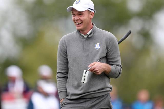 Danny Willett laughs on the green during a practice session ahead of the 41st Ryder Cup at Hazeltine. Picture: David Davies/PA.