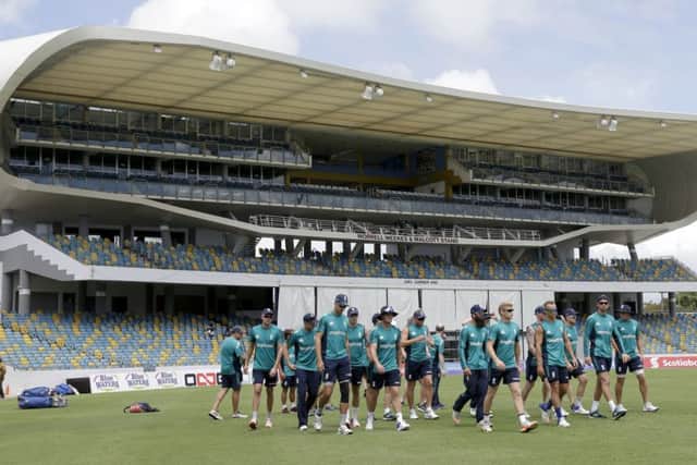 England's cricket players arrive for practice at the Kensington Oval Stadium in Bridgetown, Barbados. Picture: AP/Ricardo Mazalan