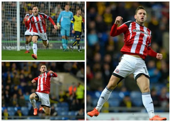 Sheffield United's Billy Sharp celebrates scoring the equalising goal dagainst Oxford United on Tuesday night. Pictures: Robin Parker/Sportimage