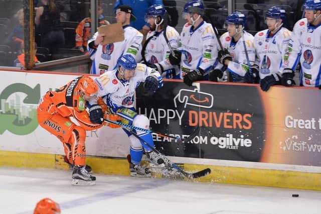 Action from Saturday night's Elite League clash between Sheffield Steelers and Coventry Blaze, during which match-night announcer made his offensive remarks. Picture: Dean Woolley.