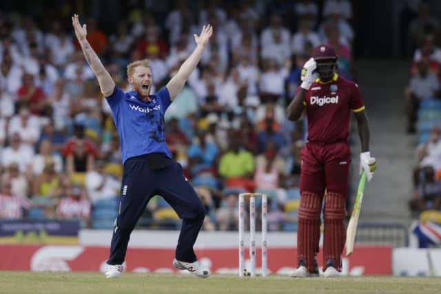 England's Ben Stokes successfully appeals for the wicket of West Indies' Carlos Brathwaite.