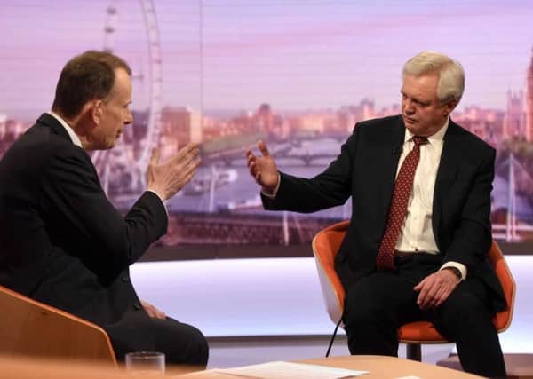 Andrew Marr (left) and Secretary of State for Exiting the European Union David Davis appearing on the BBC One current affairs programme, The Andrew Marr Show. PIC: PA