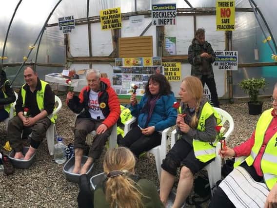Yorkshire anti-fracking campaigners at the finish line today (Sunday) following their 120-mile march. 
Pic: @NoFrackLancs