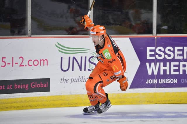 Levi Nelson celebrates his second period goal against Cardiff on Sunday night. Picture: Dean Woolley.