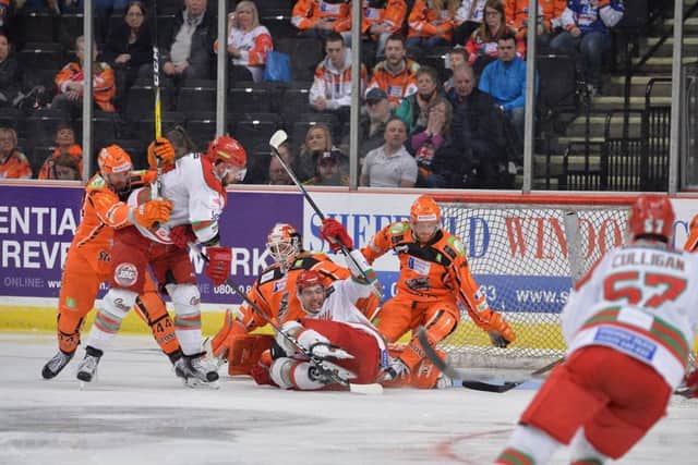 Markus Milsson gets his body in the way on the Steelers' goal-line. Picture: Dean Woolley.