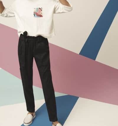 Romy paper-bag waist trousers, Â£98; Texturecraft jumper in white, Â£78. Both at Anthropologie at Victoria Gate Leeds.