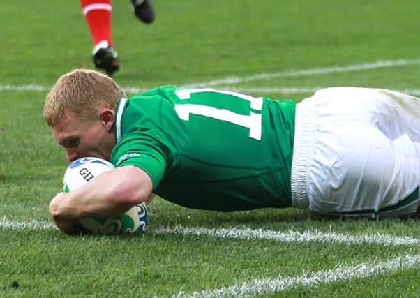 Ireland's Keith Earls, scoring a try during the 2011 Rugby World Cup, is a doubt for Saturday's Dublin finale.