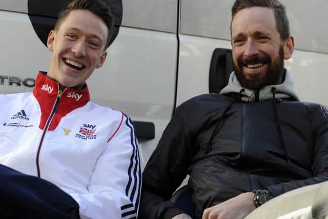 Josh Edmondson and his former Team Sky team-mate Sir Bradley Wiggins share a joke backstage at the Eve of Tour Celebration, Castle Museum, York, for the Tour de Yorkshire in 2015. (Picture: Bruce Rollinson)