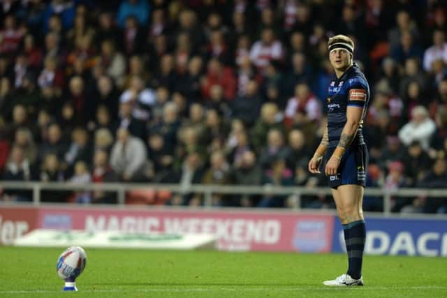 Leeds Rhinos' Liam Sutcliffe lines up a kick against 
Leigh Centurions earlier this season. Picture Bruce Rollinson