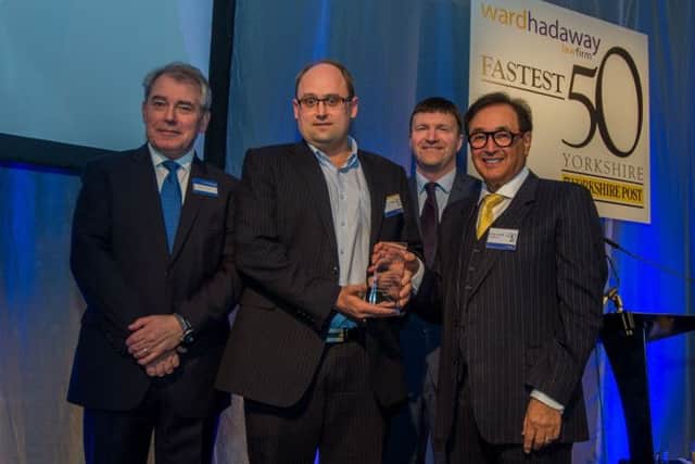 Date: 17th March 2017. Picture James Hardisty. Fastest 50 Awards 2017, held at Aspire, Infirmary Street, Leeds. Pictured Presentation for the winner of the Fastest Growing Medium Business Headoffice3, (left to right) Phil Jordan, of Ward Hadaway, Glen Harding, Headoffice3, Greg Wright, Deputy Editor of The Yorkshire Post, Larry Gould, CEO, of thebigword.