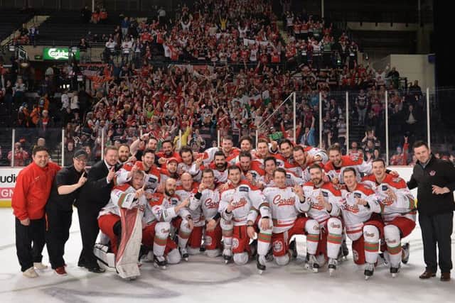 WE ARE THE CHAMPIONS: Cardiff Devils celebrate winning the Elite League title in front of their fans at Sheffield Arena. Picture: Dean Woolley.
