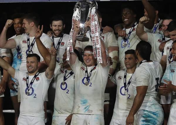 England captain Dylan Hartley lifts the Six Nations trophy at the RBS 6 Nations match at the Aviva Stadium, Dublin.