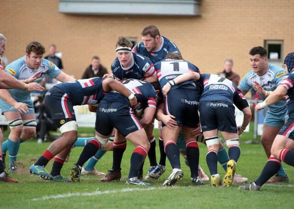Doncaster Knights try, without success on this occasion, to force the ball over the line during their 31-26 televised defeat of Yorkshire Carnegie (Picture: Glenn Ashley).