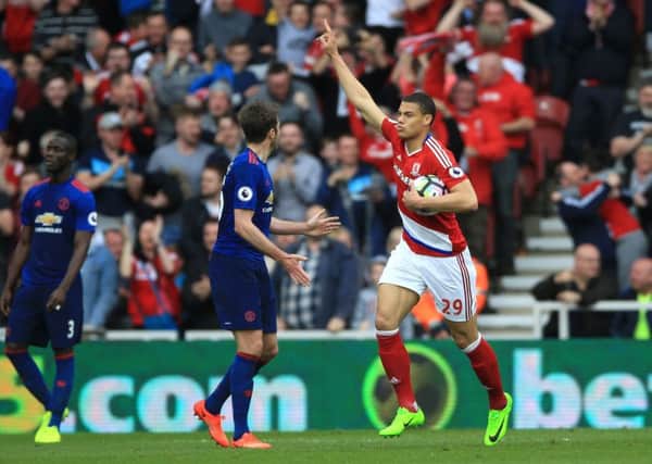 AT LAST:  Middlesbroughs Rudy Gestede  celebrates scoring his sides first league goal since January 31 yesterday. Picture: PA