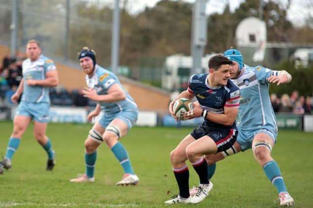 Paul Jarvis tries to find a gap in Yorkshire Carnegie's defences on his 100th appearance for  Doncaster Knight (Picture: Glenn Ashley).