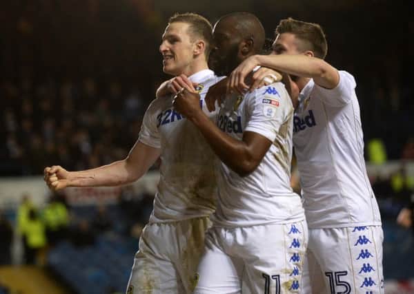 Chris Wood celebrates his second goal with Souleymane Doukara and Pablo Hernandez, scored from the penalty spot.