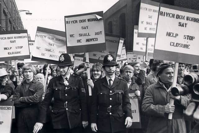 Demonstrators and placards at the River Don Works awaiting the arrival of Lord Melchett - September 1971