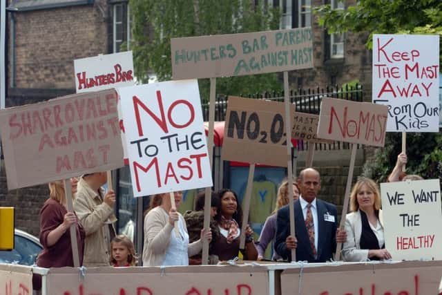 Parents and children protesting outside  Hunters' Bar School, Hunters Bar Sheffield over proposed site of O2 phone mast in 2007