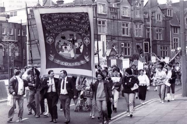 Health workers marched from Weston Park Hospital in protest against health cuts today and our picture shows part of the group near the Children's Hospital, Sheffield - 19th May 1987